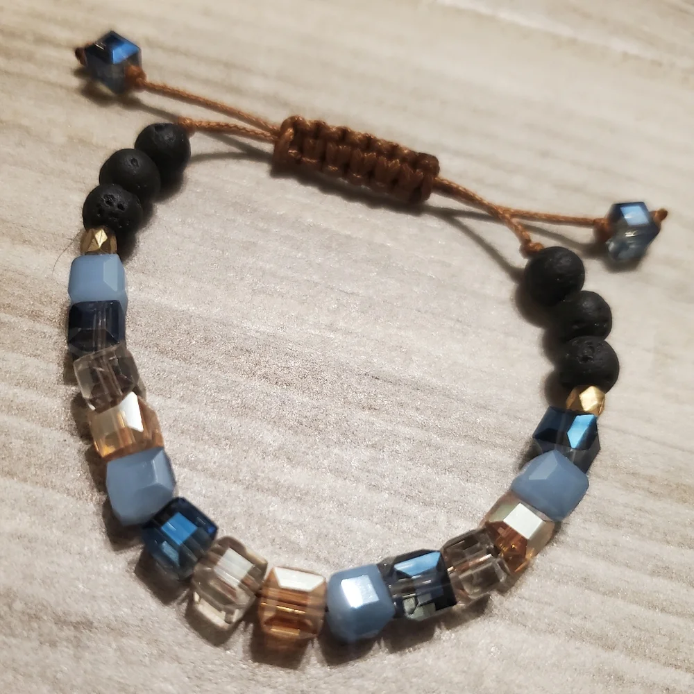 Essential Oil Diffuser Bracelet Glass Stones Lava Rock Adjustable Brown Blue - Picture 1 of 4